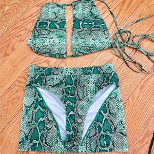 Green Snake-Print Bikini Set with Matching Skirt